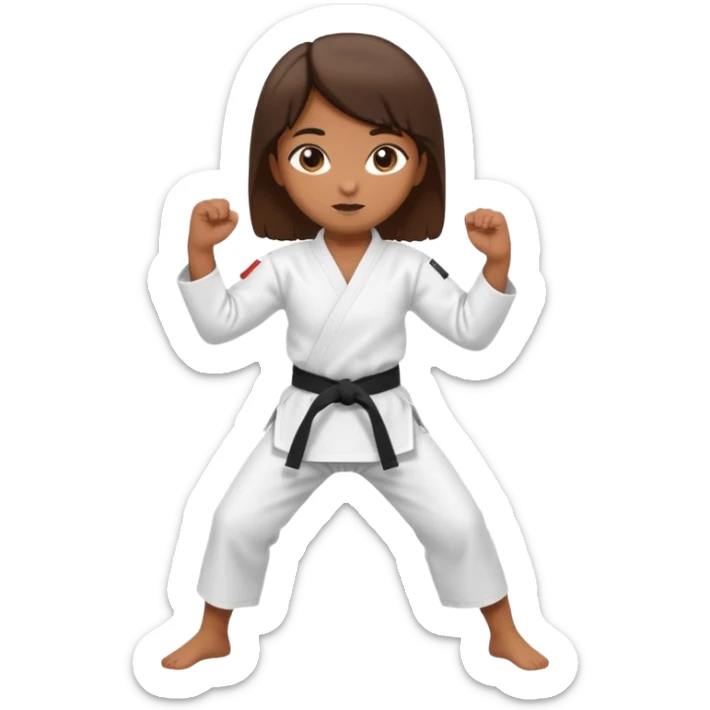 Ragazza castana che pratica karate, ha la cintura nera ed io tradizionale kimono bianco del karate, tira un calcio laterale oppure un pugno oppure è in posizione di guardia sticker