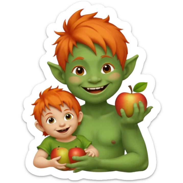 troll with wild hair holding a giggling toddler, apple emoji style sticker