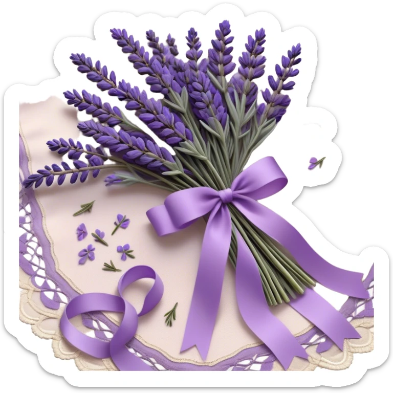 A delicate lavender bouquet, bound with a faded violet silk ribbon, rests atop an aged lace cloth, its soft petals releasing a gentle, calming fragrance. Wisps of dried lavender buds scatter across the table, their muted plum and lilac hues blending harmoniously with the intricate embroidery of the fabric.
 sticker