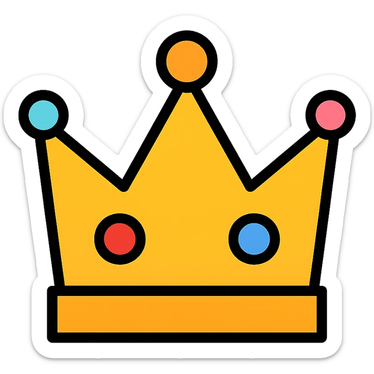 vector icon of a gold crown with colorful accents, elegant and minimalist flat design, award badge style, 2D flat vector, trending icon look, soft shadows, no text, commercial use, isolated on white background sticker