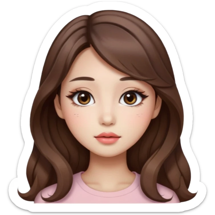 “korean straight brown hair Emoji girl, soft eyeliner and blush, gradient lips, light brown shimmer eyeshadow, long wavy hair,  sticker