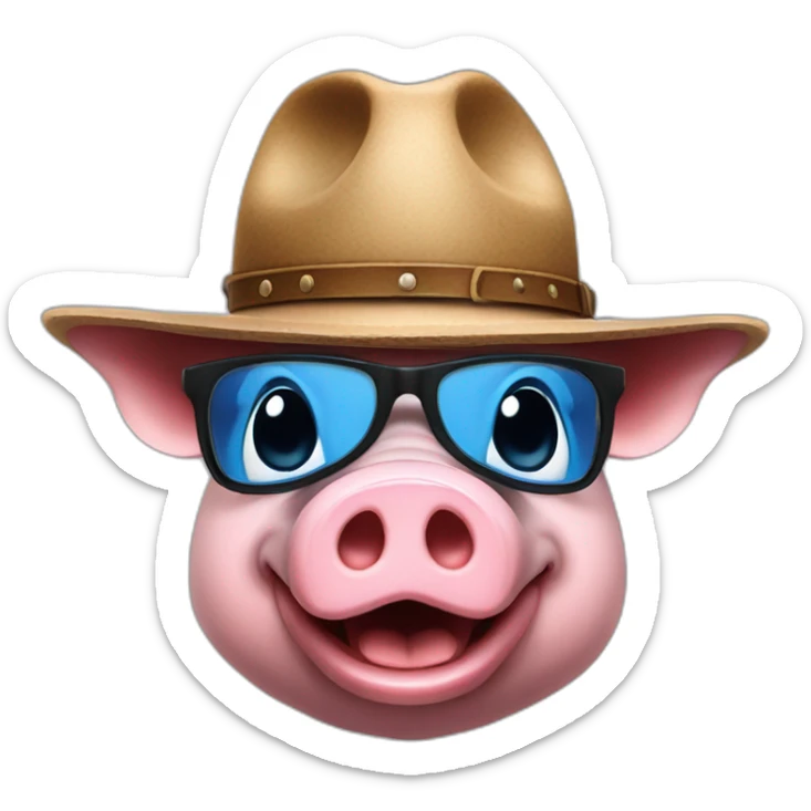 A pig with a cow boy's hat, with blue glasses and with a youtube's logo in his chest sticker
