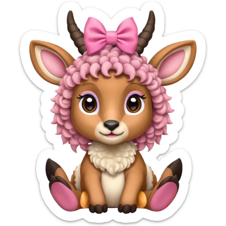 cute gazzelle with curly fur, sitting down, wearing a pink bow on its head. Realistically  sticker