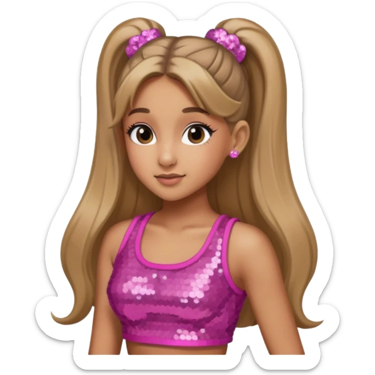 Ariana Grande with long dark blonde ponytail hair, pink sequin crop top sticker