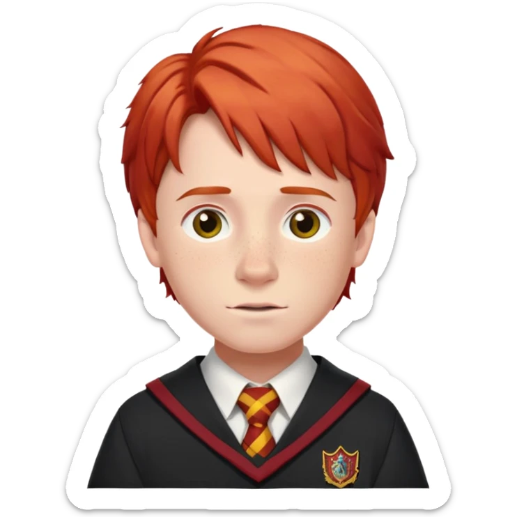 Ron Weasley with red hair, freckles, and Gryffindor school uniform sticker