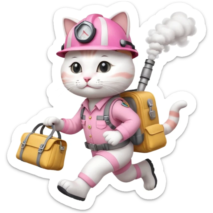 A cute white and pink cat dressed as engineer with a white helmet running very fast carrying her cute bag Leaving a trail of smoke under her feets fast blurry feets sticker