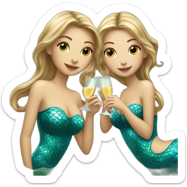 Three beautiful mermaids (two brown hair with brown eyes and blond one with blue eyes) drinking champagne sticker