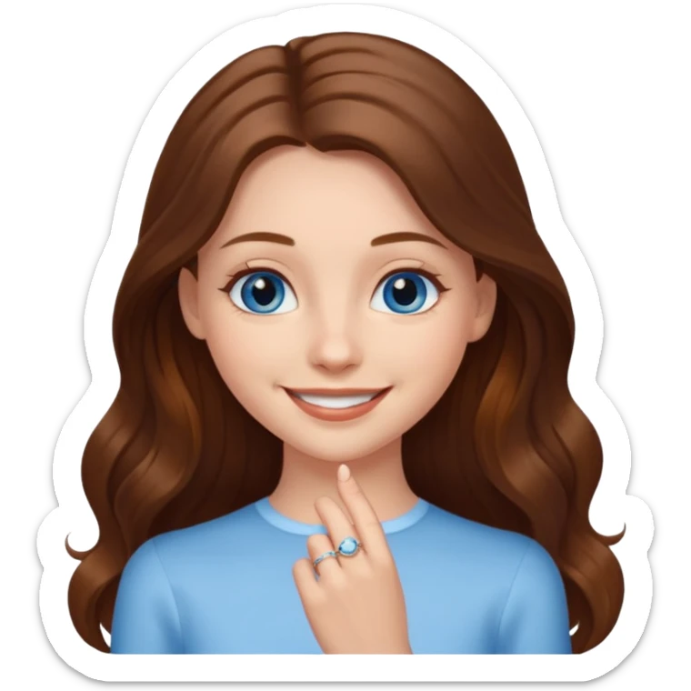 beautiful girl long brown hair , blue eyes with wedding ring smiling sticker
