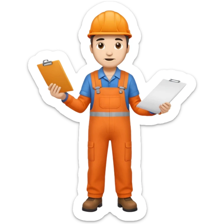 railway engineer full body in orange overalls, carrying a piece of paper with both hands in front of him sticker