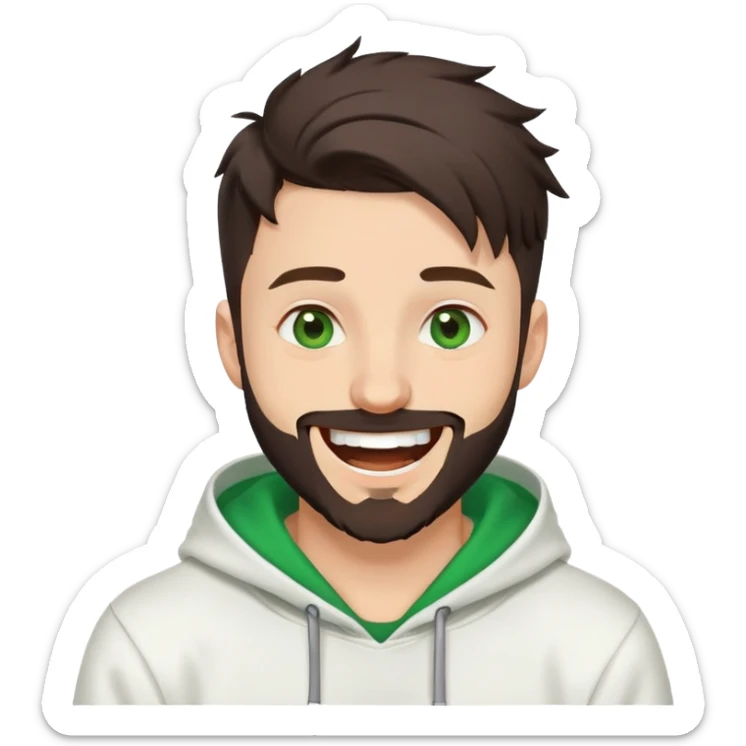 laughing guy with white hoodie, green eyes, dark brown undercut hairstyle and a short full beard sticker