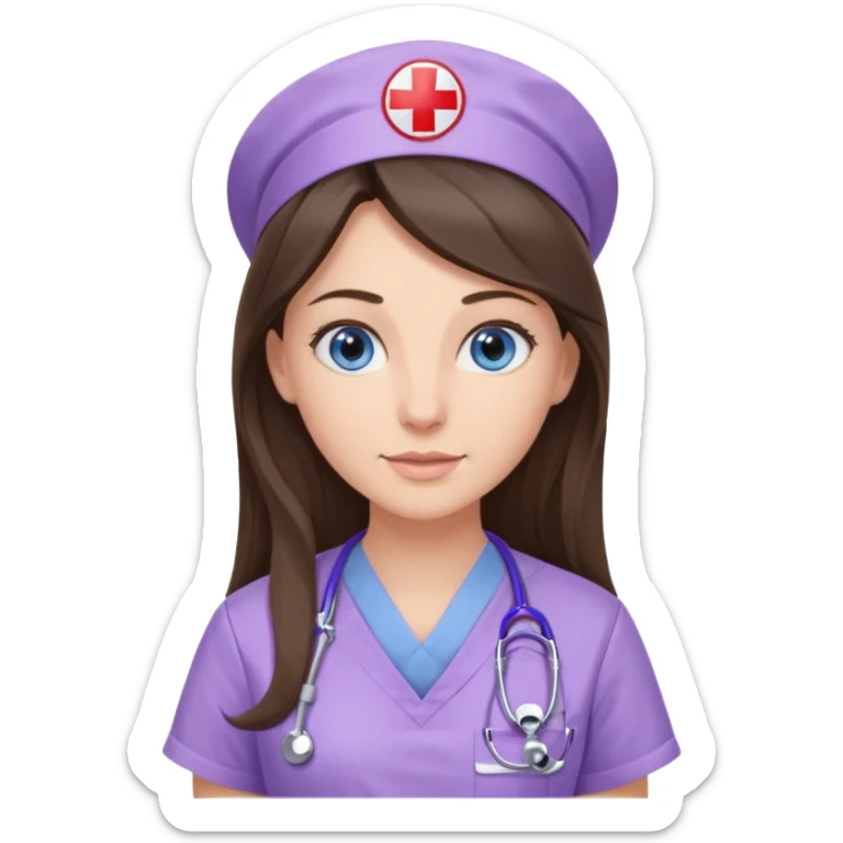 pretty brunette nurse with long hair and blue eyes in lilac scrubs sticker