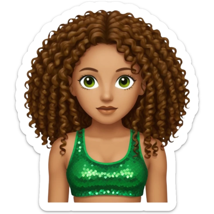 Melanie Brown with long brown curly hair, green sequin crop top, dark brown eye sticker