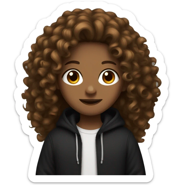 extra long brown curly hair wearing cute black hoodie  sticker