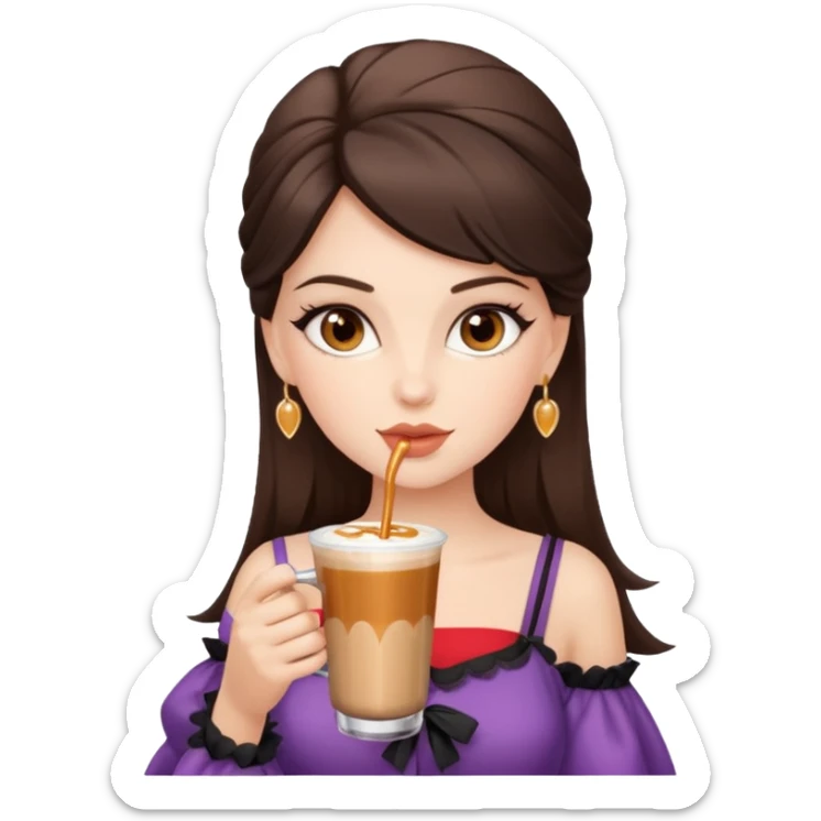 white brunette with brown eyes and a coquette outfit, drrinking caramel machiatto sticker