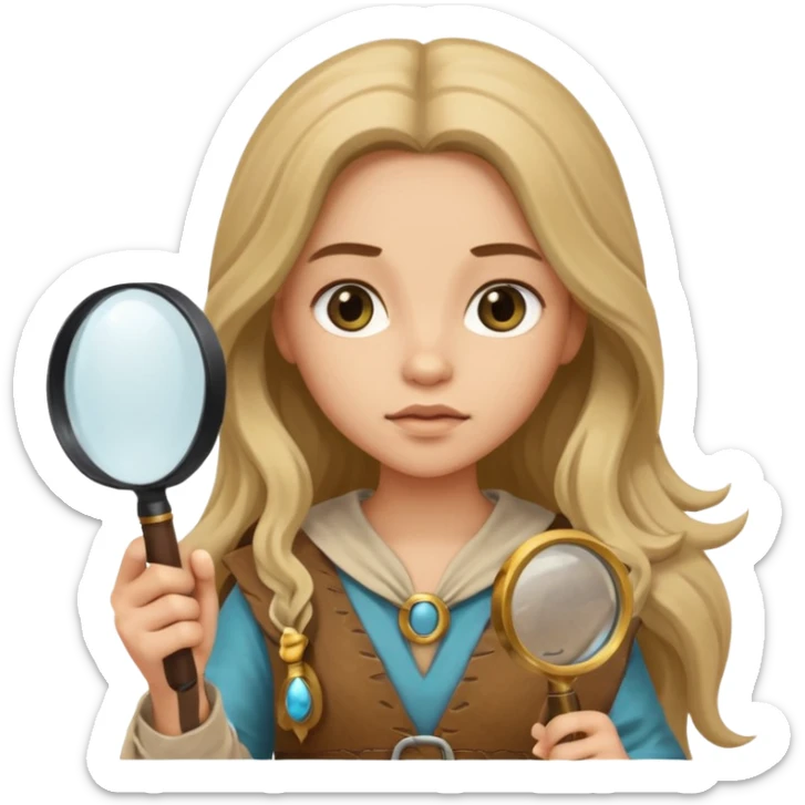 long haired girl in archaeological outfit, holding magnifying glass sticker