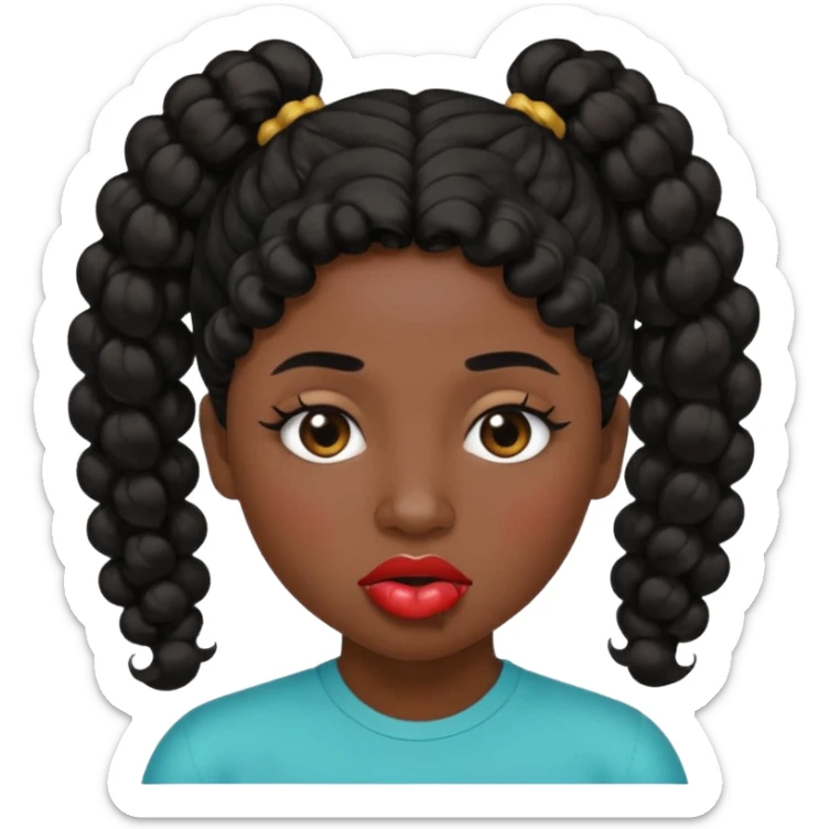 emoji sucking its lips in with one eyebrow up and the other one down dark skin and curly hair in a ponytail sticker