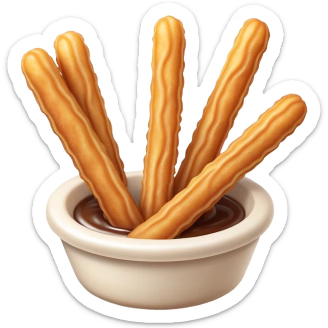 Cinematic Realistic Churros Dessert Emoji, showcasing crispy, golden-brown fried dough sticks dusted with sugar rendered with lifelike detail and warm, inviting lighting. sticker