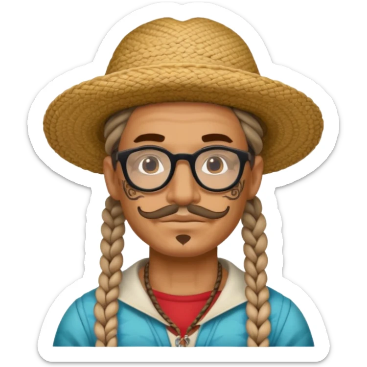 very tattoed face, normal glassess, fat venice gondolier with iconic hat and thick braided hair sticker