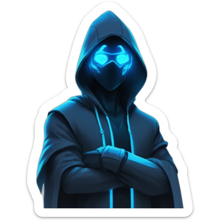 developer behind his laptop with the style of Riot Games Valorant neon blue eyes glowing bright blue Video game character blue black hooded assassin themed character shrouded wraith sticker