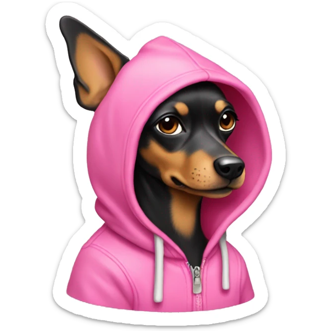 Black and tan miniature pincher wearing a pink hoodie sticker
