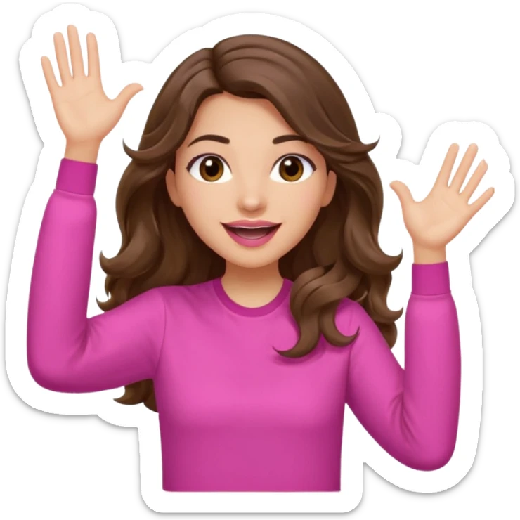 girl with long wavy brown hair, brown eyes, light to medium complexion, in a pink shirt, pink lips, long lashes, puckered lips, both hands all the way up in the air, cheering sticker