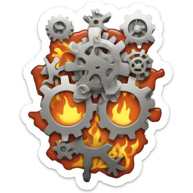 A bare brain made out of gears with flames licking out from between the gears sticker
