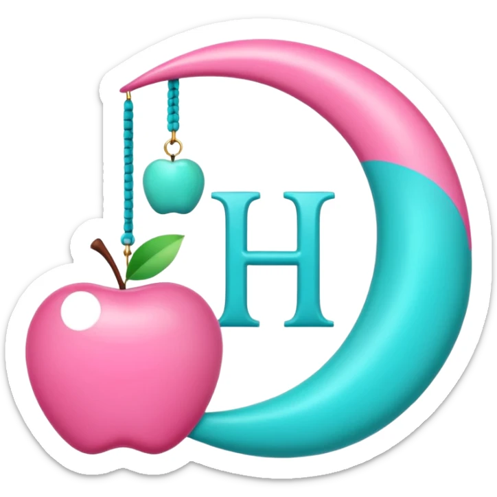 Pink crescent moon with the letter H hanging from moon tip next to a turquose apple hanging next to it sticker