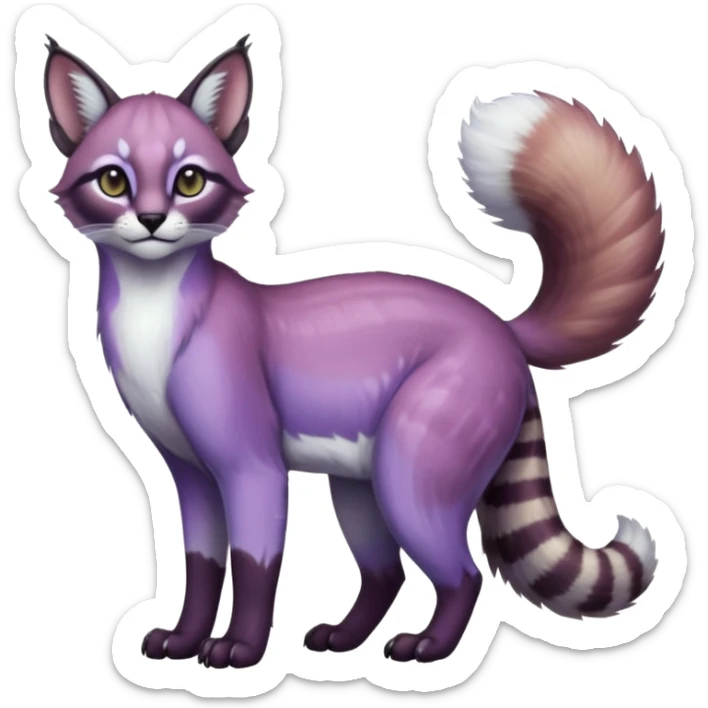Colorful dark tropical pastel-lilac-lavender-violet iridescent pastel white glorious divine exotic cute cool beautiful shiny beautiful fantasy-caracal-civet-genet-sergal-vernid-animal-Fakémon-hybrid-fursona (full body) sticker