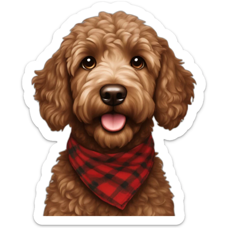 Chocolate brown colored golden doodle with a red and black flannel hankerchief sticker