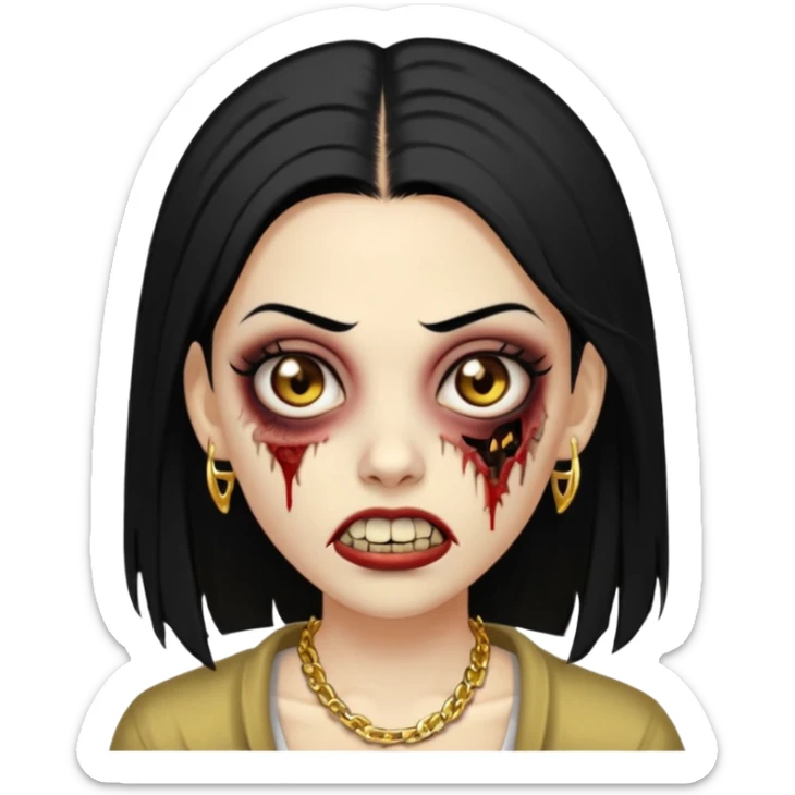 Faça uma zombie mulher com grillz com olhos castanhos cabelos liso preto partido ao meio e estilo baddie sticker