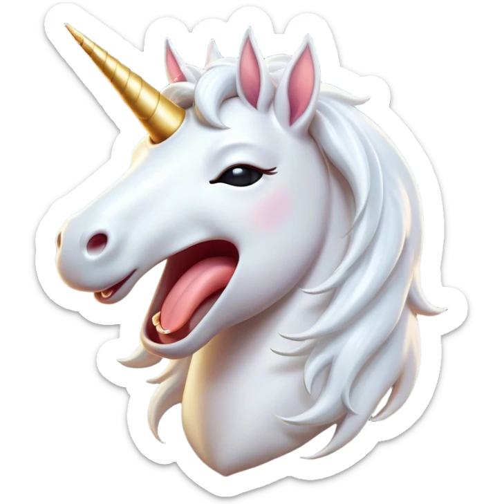 Cinematic Cute Yawning White Unicorn Portrait Emoji, Head tilted slightly with a dramatic, wide-open yawn, showcasing a softly elegant form with a gently cascading mane, a subtly glowing horn and sleepy, half-closed eyes, Simplified yet irresistibly adorable features, highly detailed, glowing with a soft, cozy magical glow, high shine, relaxed yet expressive, stylized with a dash of whimsical enchantment, soft glowing outline, capturing the essence of a drowsy yet affectionate white unicorn that appears ready to stretch and yawn its way out of the screen! sticker