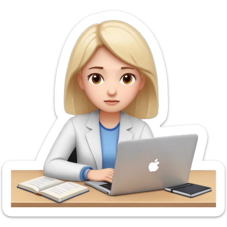 3D emoji style sticker, young woman, white background, slight exam stress, sitting with a laptop, IELTS practice test on the screen showing Overall 5.5, tired but determined expression, notebooks and papers around, soft lighting, minimal details, clean aesthetic, astrology style sticker