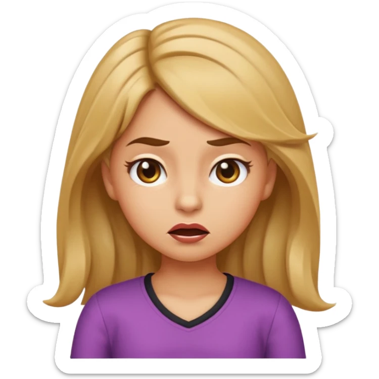 cartoon emoji of sassy elementary school girl with smug sarcastic expression, head tilted, lips pursed, one eyebrow raised, hand on hip, flipping hair, big expressive eyes, iOS emoji style sticker