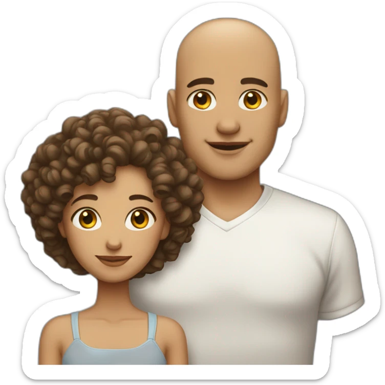 Girl with a curly hair in couple whit a man bald sticker