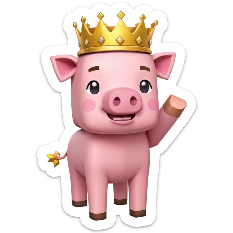 Minecraft pig full body pink blocky animal with square head wearing a crown sticker