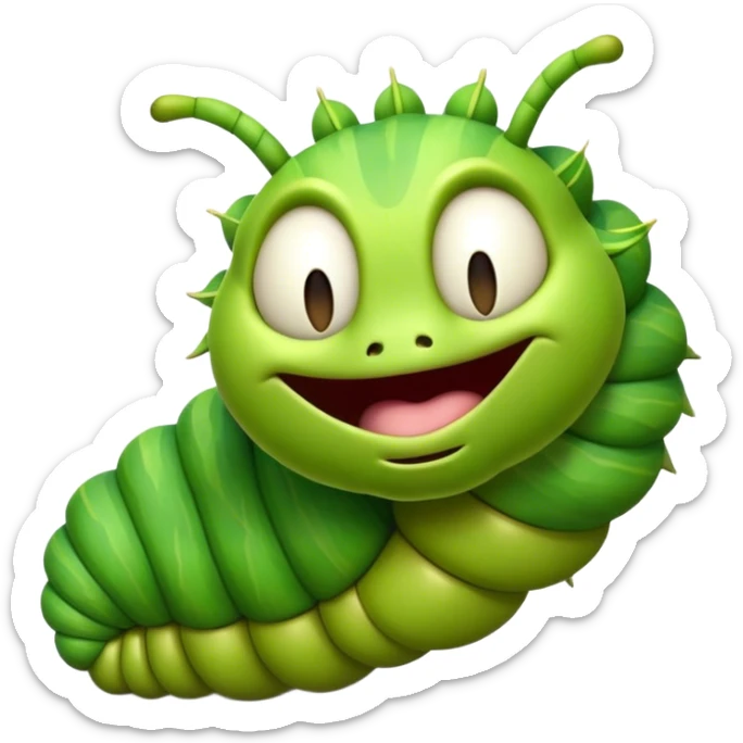 Cinematic Realistic Cute Yawning Caterpillar Portrait Emoji, Head tilted slightly with a dramatic, wide-open yawn, showcasing a soft, downy segmented body in vivid green with subtle drooping and half-closed, drowsy eyes, rendered with intricate natural texture and gentle shadows, high shine, relaxed yet expressive, styled with a dash of woodland charm, soft glowing outline, capturing the essence of a sleepy yet affectionate caterpillar that appears ready to stretch out and rest among the leaves! sticker