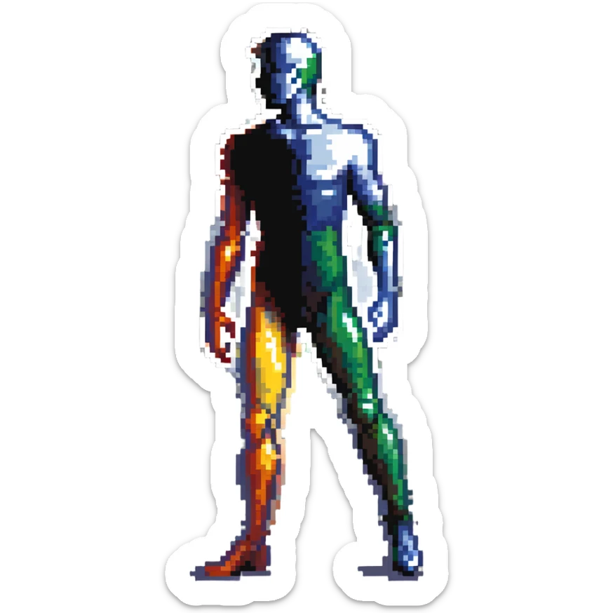 A paintbrush transforming into a metallic human silhouette, symbol of artistic identity sticker