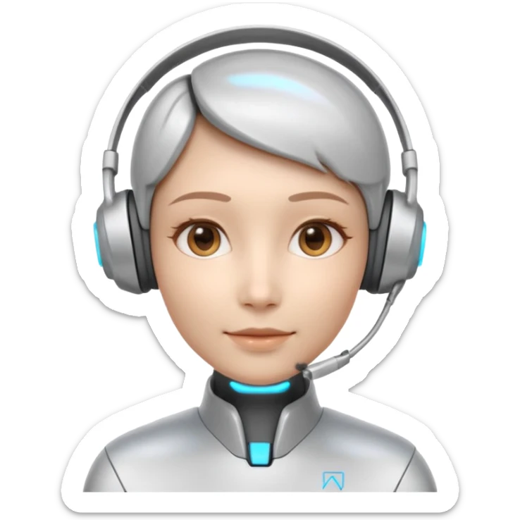 AI Call Agent holo-human-like Cyber AI face, warm, calm and friendly. Holographic look.Soft AI face with a listening, welcoming expression, minimal facial lines, calm eyes. Light headset. sticker