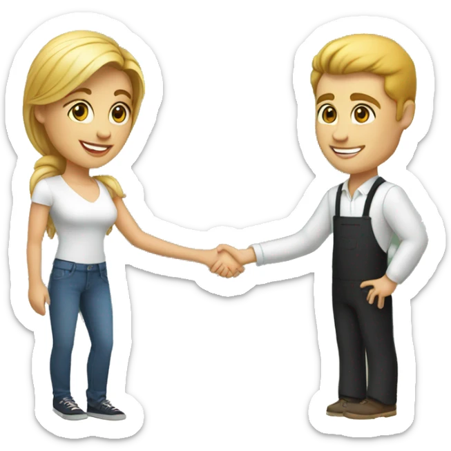 an adult restaurant owner and a young blogger shake hands, both with white skin, in great detail, in full height sticker