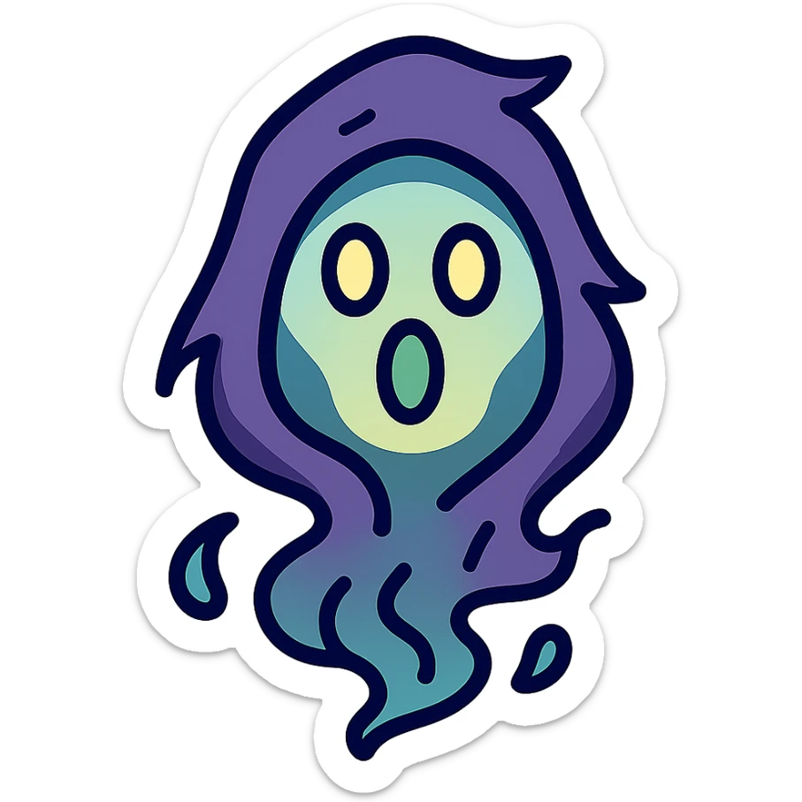 vector emoji of an ethereal, hooded, faceless character resembling Death, made of smoke and shadow, head only, flat colors, ruffled and torn hood, light and shading passing through the hood to form a surprised expression, dark and mysterious sticker