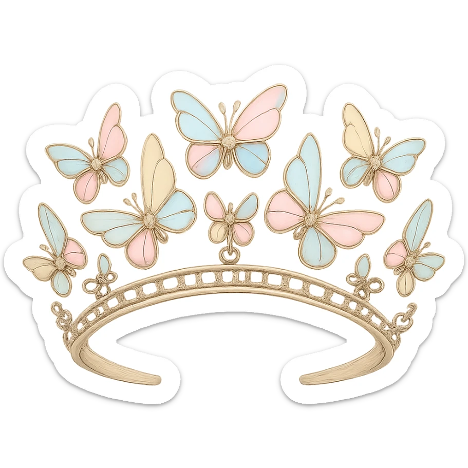 butterfly crown with a pastel rainbow base, butterflies in soft pastel enamel, sparkling gems, transparent background sticker