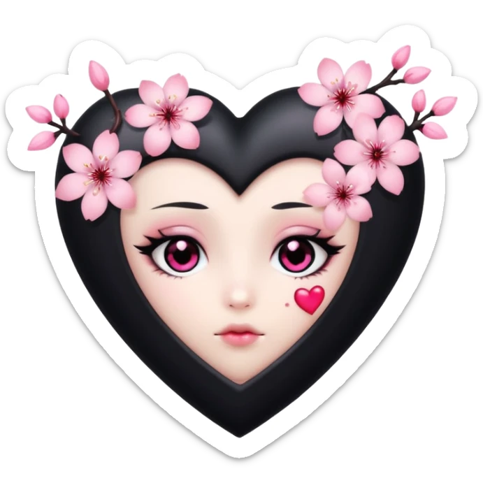 goth sakura heart, black heart with pink cherry blossom petals, cute and dramatic sticker