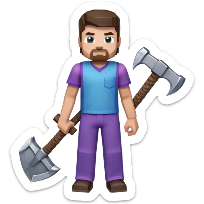 Steve from Minecraft, character with blue shirt and purple pants, holding a pickaxe sticker