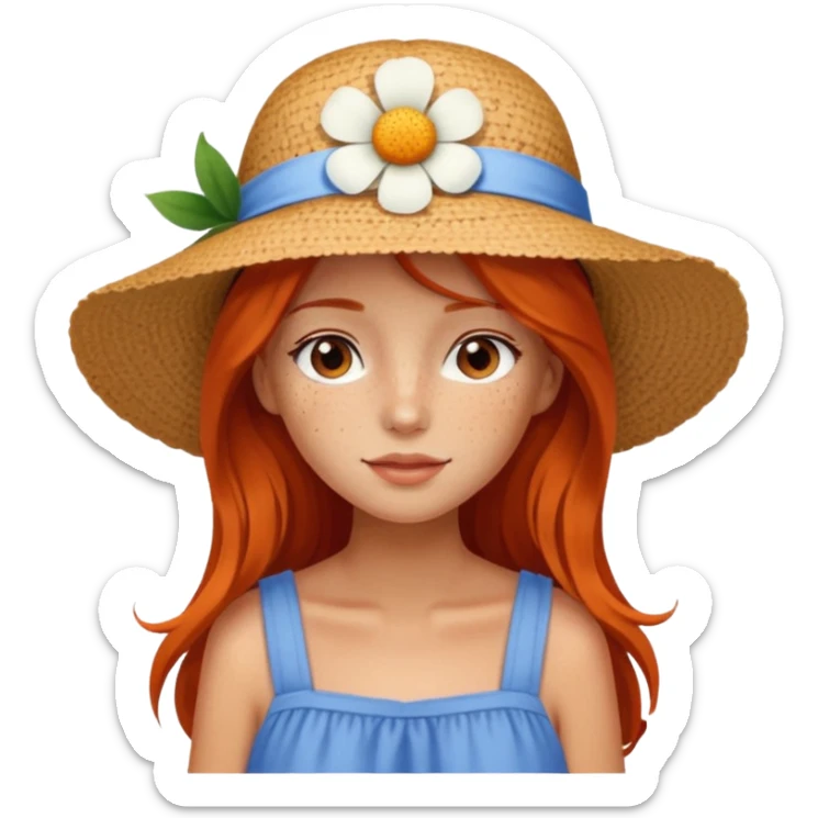 girl, freckles, wearing_summer_hat, white flower on hat, red orrange long hair, blue dress sticker