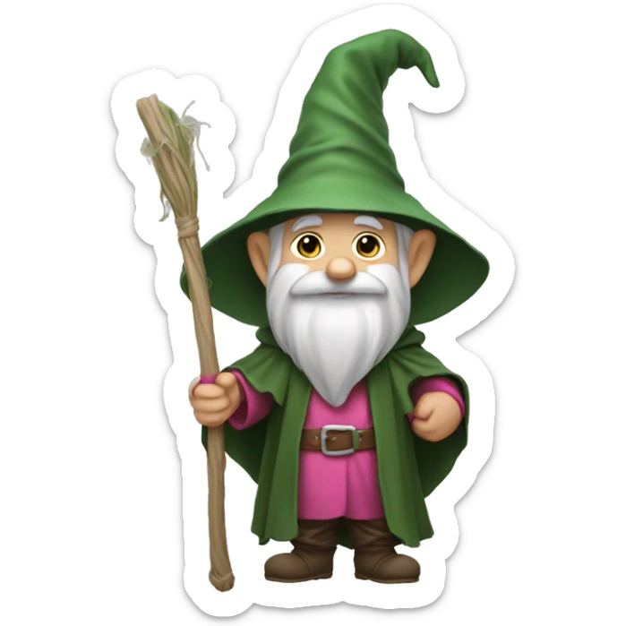 a gnome in a green cloak, a sage's hat and a pink net in his hand. sticker