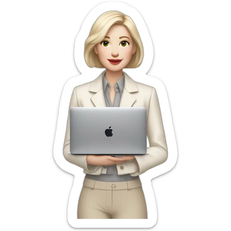 pale skin woman with ash blonde Straightened bob Hair, White Spacious classical jacket, beige palazzo Arrow pants and gray blouse holding a MacBook in the hands sticker