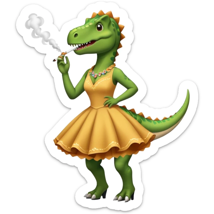 Un dinosaurio con vestido mientras se fuma un peta y baila claque  sticker