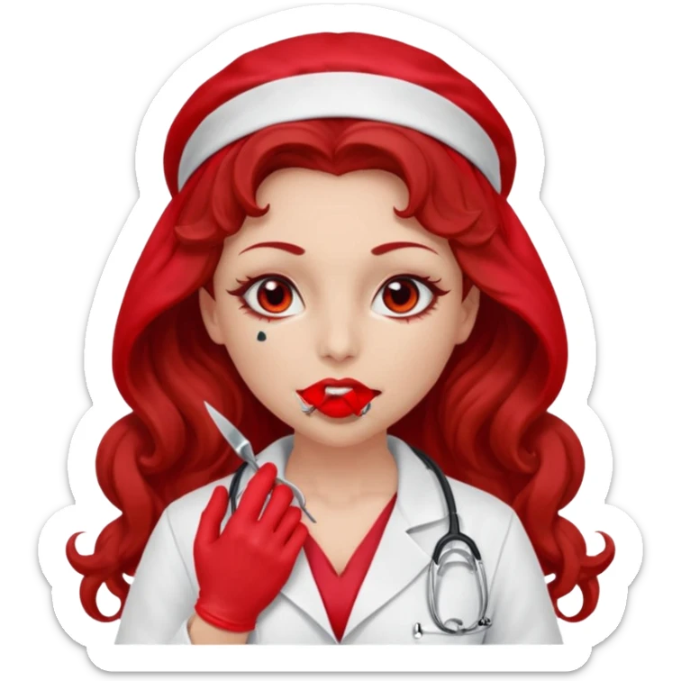Lilith scalpel in hand, evil surgeon sexy surgeon clothes.  She has red eyes.  Hair is long. Hair is brown and curly hair. Wears sexy doctor outfit with red gloves. Covers mouth neck and nose with mouth veil red sticker
