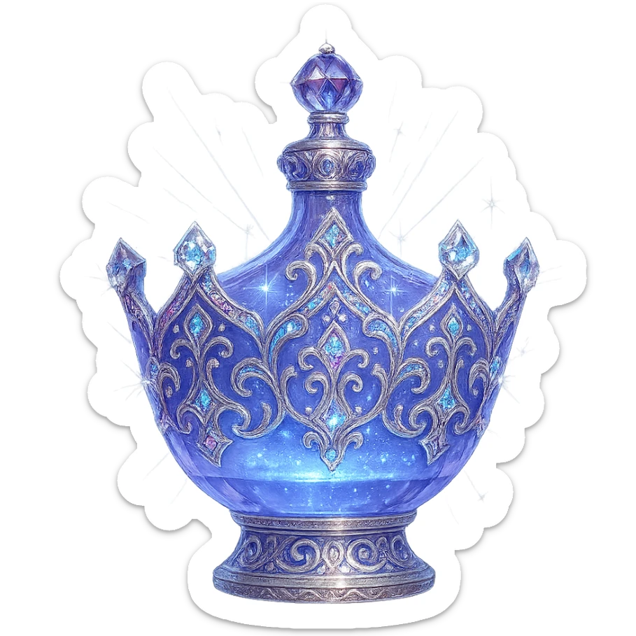 išskirtinai prabangus eliksyro buteliukas, karūnos forma, spalva #7986cb, itin sudėtingi daugiasluoksniai holografiniai ir sidabriniai ornamentai, spindintys kristalo briaunos, magiški švytėjimai ir žėrėjimas, šviesos spinduliai, labai mažas kaklelis, ornamentuotas vientisas dugnas, skaidrus fonas, buteliukas aiškiai plūduriuoja ore, be pagrindo ar šešėlio, nestovi, modernus, kolekcijai tinkamas, stulbinamai gražus sticker