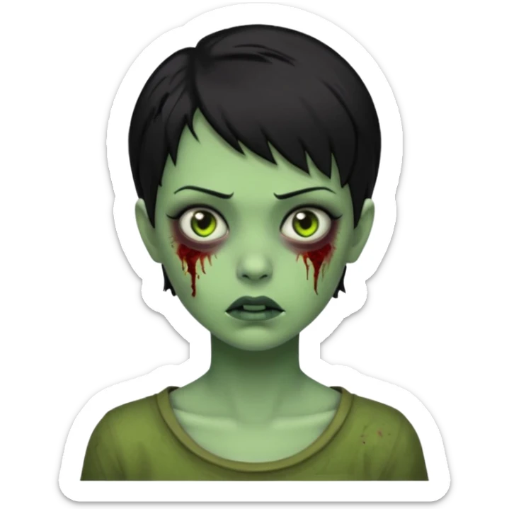 Emoji zombie girl verde com cabelo preto curto com uma expressão impassivel sticker